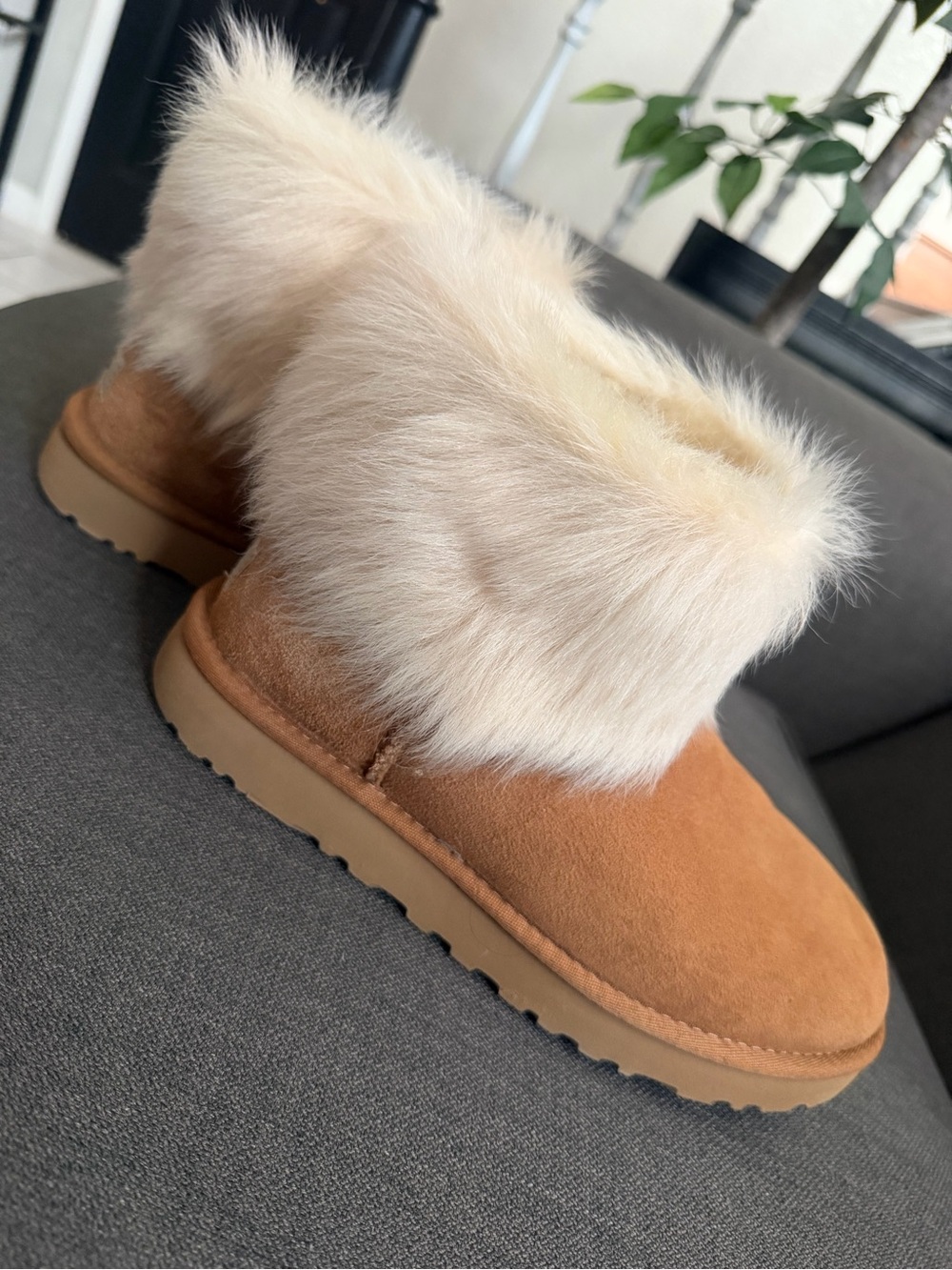 UGG Chestnut Suede Shearling Cuff Slippers with Cream Fur